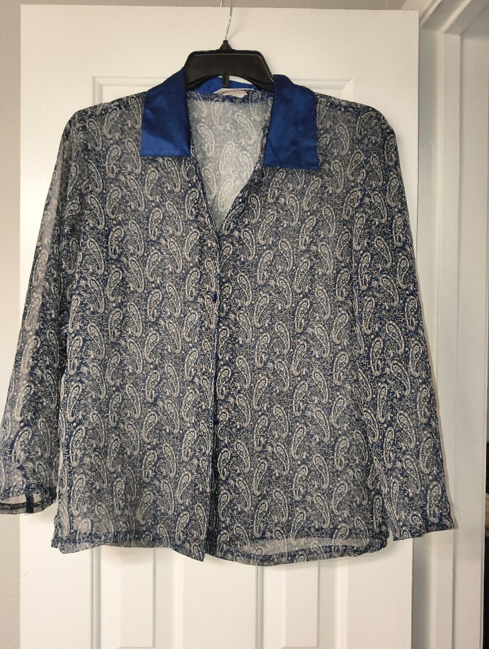 Sag Harbor Blue Paisley Sheer Button-Up Blouse – Size M